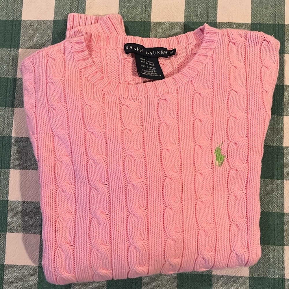 Pink Ralph Lauren cable knit crew neck. Size L.